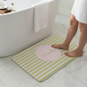 Initial Monogram & Name Pastel Pink Green Striped Bath Mat