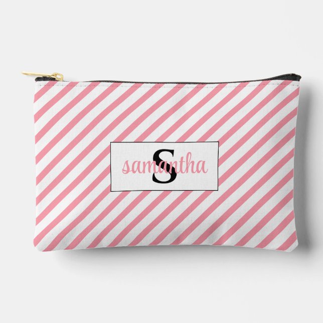 Initial Monogram Name Pink and White Accessory Pouch (Front)