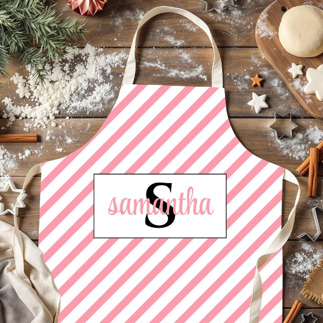 Initial Monogram Name Pink and White Apron (Creator Uploaded)
