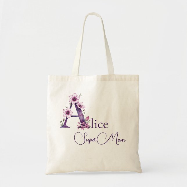 Initial Monogram + Name Super Mum Tote Bag (Front)