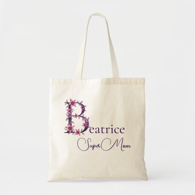 Initial Monogram + Name Super Mum Tote Bag (Front)