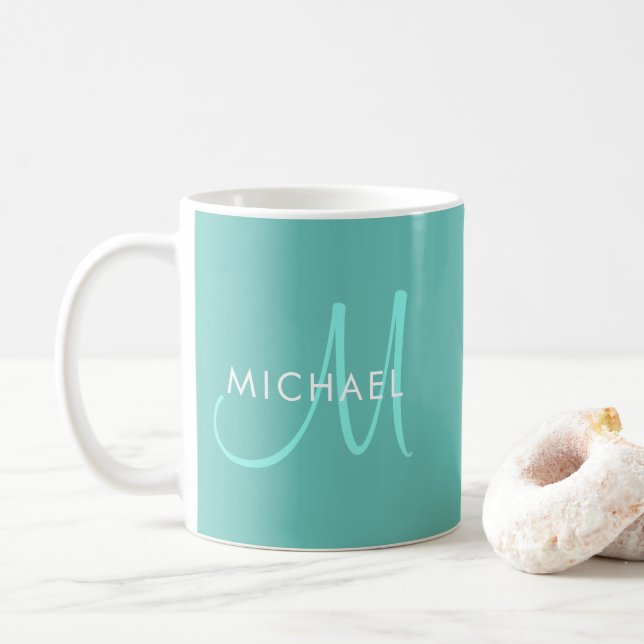 Initial Monogram Names Light Teal White Template Coffee Mug (With Donut)