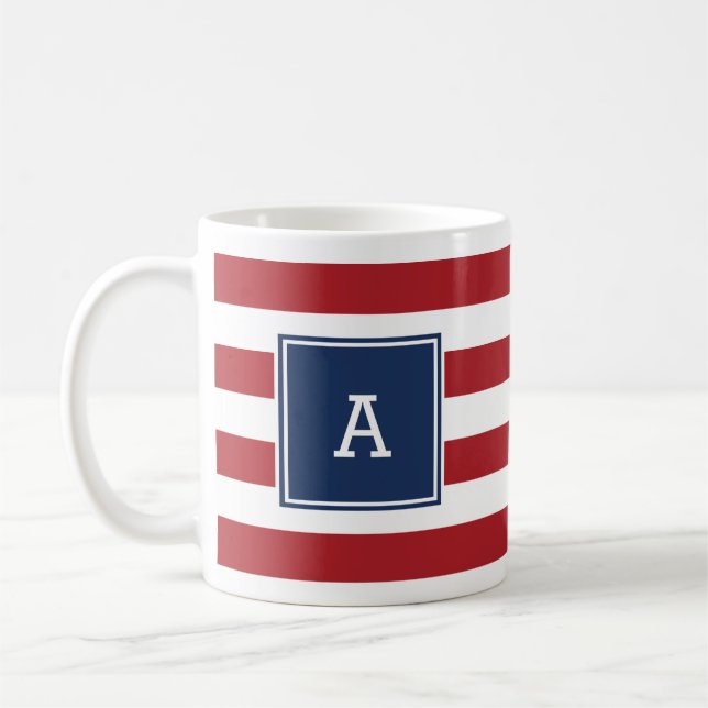 Initial monogram nautical striped mug red navy (Left)