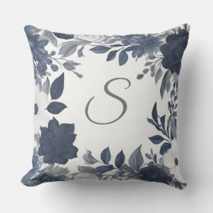 Initial Monogram Navy Blue Grey Farmhouse Floral Cushion