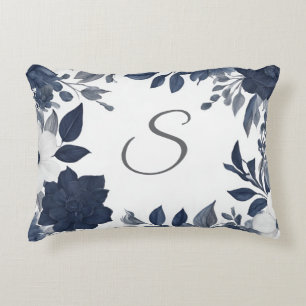 Initial Monogram Navy Blue Grey Farmhouse Floral Decorative Cushion