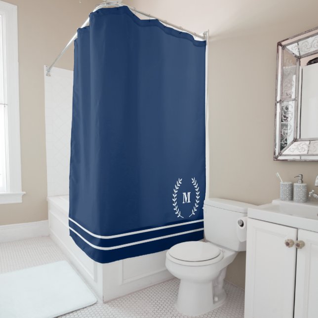 Initial Monogram Navy Blue Modern Minimalist Shower Curtain (In Situ)