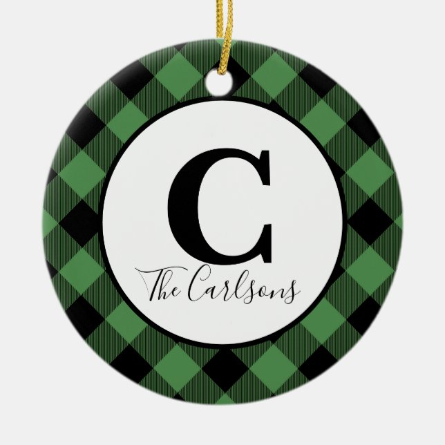 Initial Monogram Photo Green Black Buffalo Plaid Ceramic Ornament (Front)