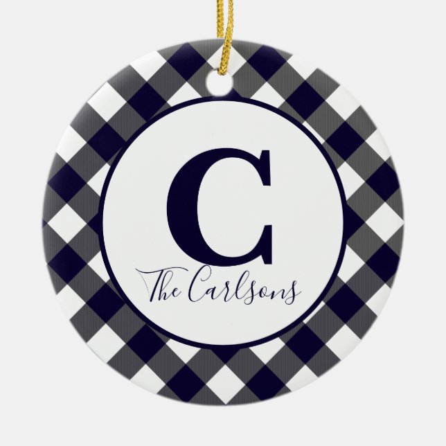 Initial Monogram Photo Navy White Buffalo Plaid Ceramic Ornament (Front)
