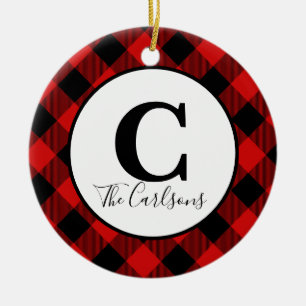 Initial Monogram Photo Red Black Buffalo Plaid Ceramic Ornament