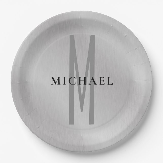Initial monogram professional plain add your name paper plate (Front)