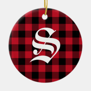 Initial Monogram Red Black Buffalo Check Plaid Ceramic Ornament