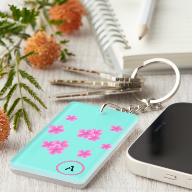initial monogram retro pink floral personalised key ring (Front Right)
