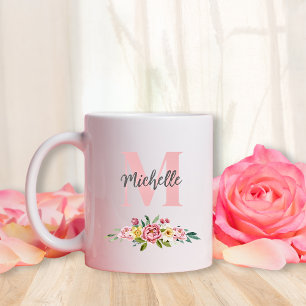 Initial Monogram Script Name Watercolor Flowers  Coffee Mug