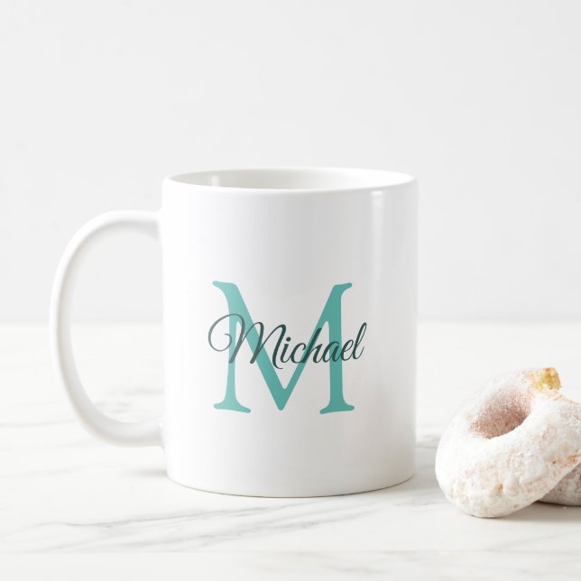 Initial Monogram Template Light Teal White Trendy Coffee Mug (With Donut)