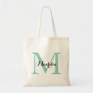 Initial Monogram Tote Bag, Mint Green and Black