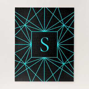 Initial Monogram   Turquoise Geometric Design Jigsaw Puzzle