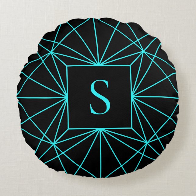 Initial Monogram | Turquoise Geometric Design Round Cushion (Front)