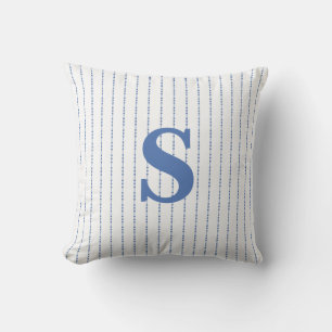 Initial Monogram White and Blue Dot Pinstripe Cushion