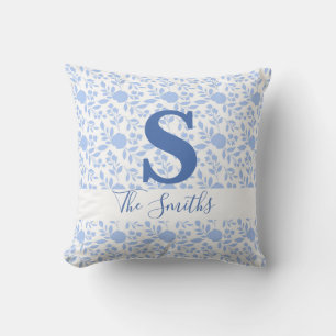 Initial Monogram White and Light Blue Floral Cushion