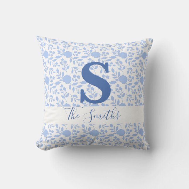 Initial Monogram White and Light Blue Floral Cushion (Front)