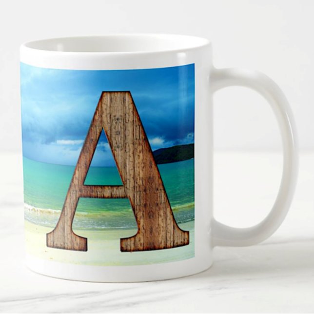 Initial Monogram Wooden Letter A Beach Ocean Scene Coffee Mug (Creator Uploaded)