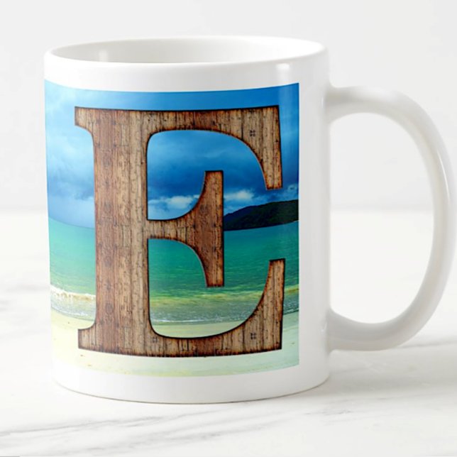 Initial Monogram Wooden Letter E Beach Ocean Scene Coffee Mug (Creator Uploaded)