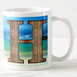 Initial Monogram Wooden Letter H Beach Ocean Scene Coffee Mug