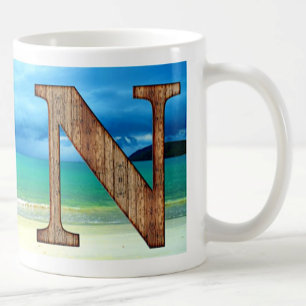 Initial Monogram Wooden Letter N Beach Ocean Scene Coffee Mug