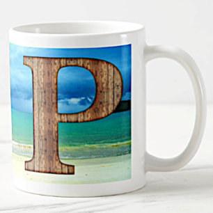 Initial Monogram Wooden Letter P Beach Ocean Scene Coffee Mug