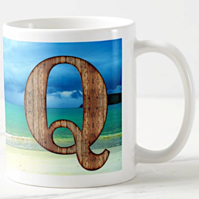 Initial Monogram Wooden Letter Q Beach Ocean Scene Coffee Mug (Creator Uploaded)