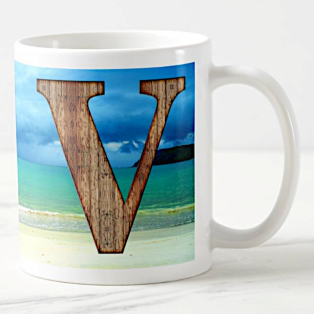 Initial Monogram Wooden Letter V Beach Ocean Scene Coffee Mug (Creator Uploaded)