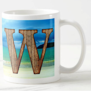 Initial Monogram Wooden Letter W Beach Ocean Scene Coffee Mug