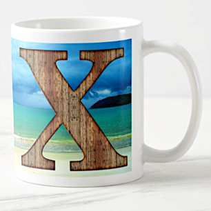 Initial Monogram Wooden Letter X Beach Ocean Scene Coffee Mug