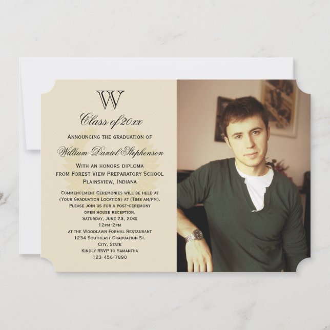 Initial Monogram Yellow Gold Photo Graduation Invitation (Front)