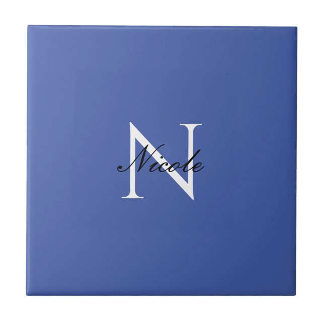 Initial Monogrammed Handwritten Own Name Blue Ceramic Tile (Front)