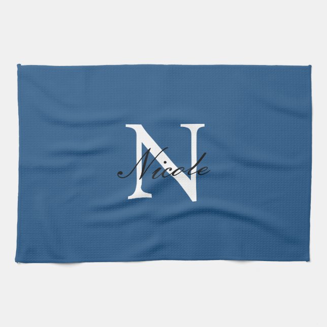 Initial Monogrammed Handwritten Own Name Blue Tea Towel (Horizontal)