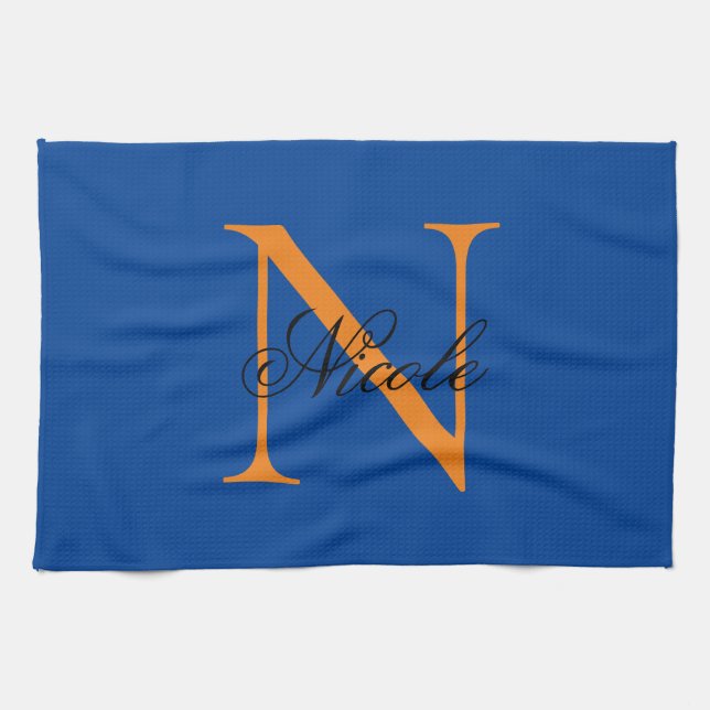 Initial Monogrammed Handwritten Own Name Deep Blue Tea Towel (Horizontal)