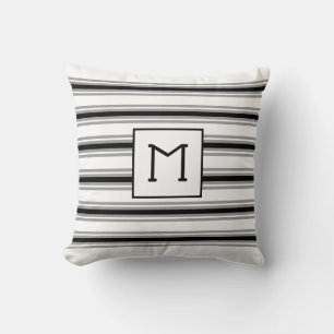 Initial Monogrammed on White, Black Grey Stripe Cushion