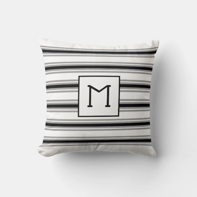 Initial Monogrammed on White, Black Grey Stripe Cushion (Front)