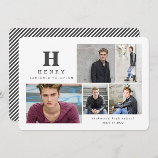 Initial multi photo graduate modern black white announcement (Front/Back)
