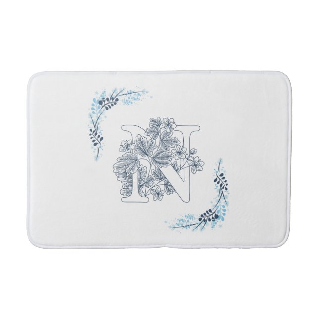 Initial "N" Blue Monogram Calm Floral Bath Mat (Front)