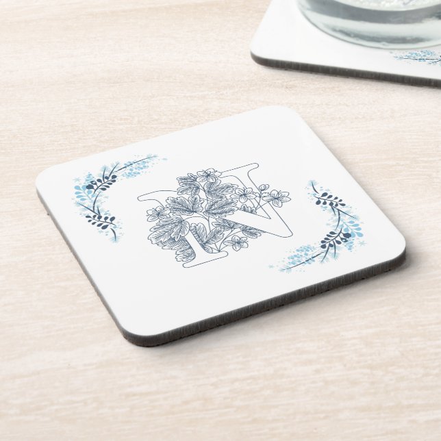 Initial "N" Blue Monogram Calm Floral Coaster (Left Side)