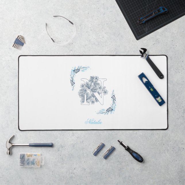 Initial "N" Blue Monogram Calm Floral Desk Mat (Workstation)