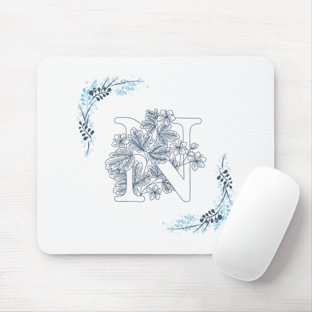 Initial "N" Blue Monogram Calm Floral Mouse Pad (With Mouse)