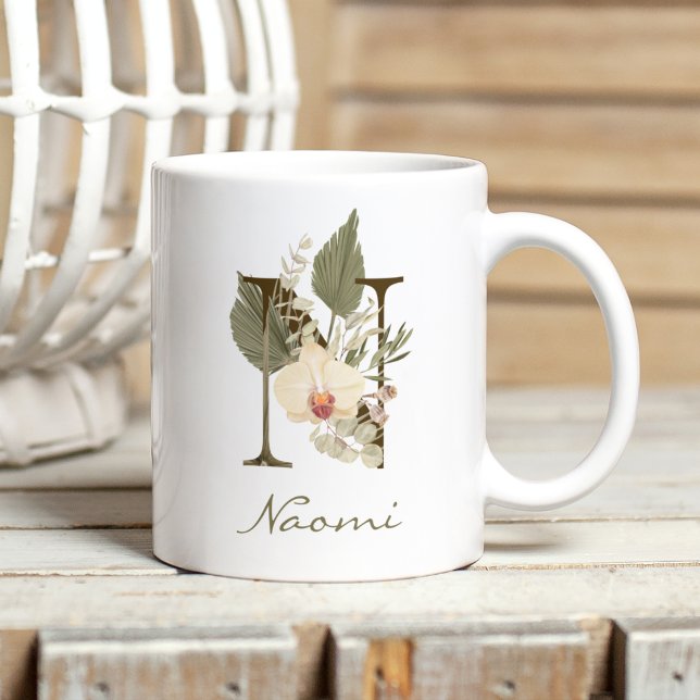 Initial N Boho Floral Orchid Greenery Custom Name Coffee Mug (Creator Uploaded)