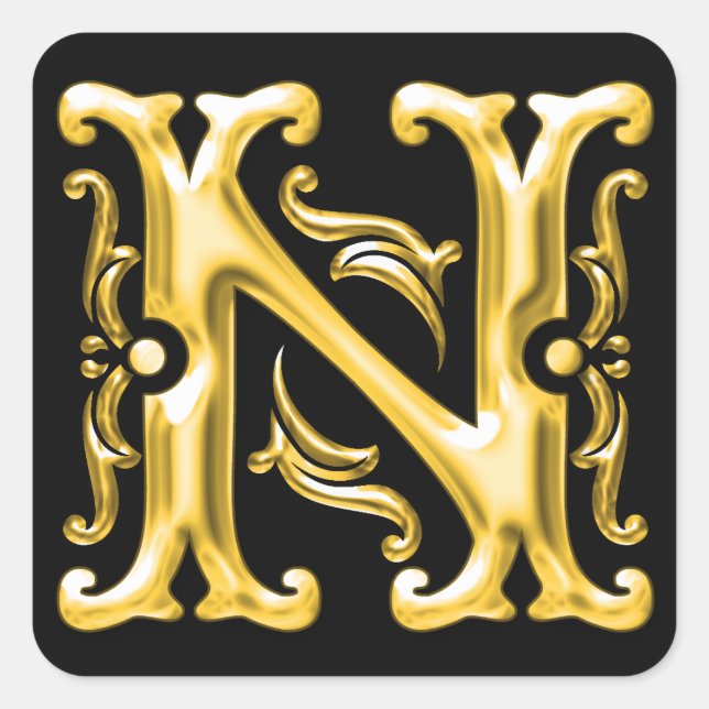Initial N Capital Letter Monogram Sticker in Gold (Front)