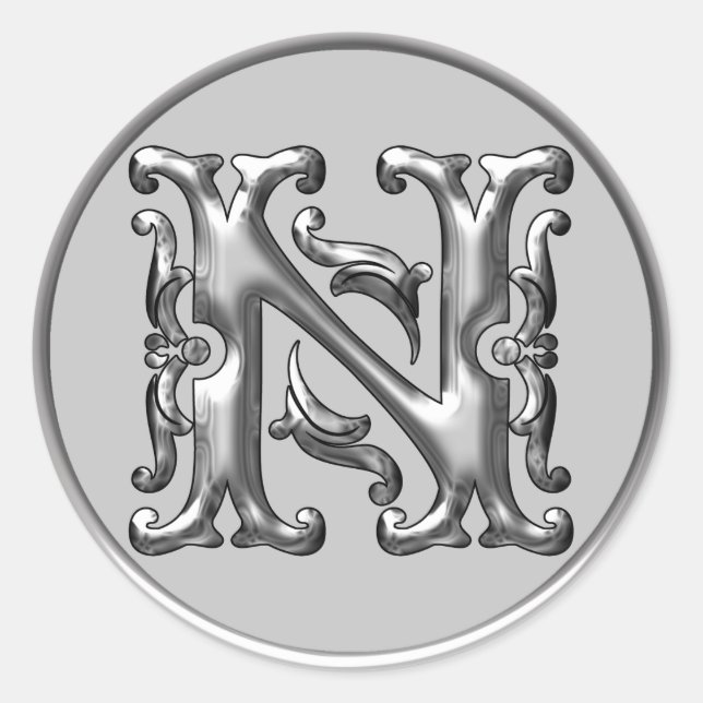 Initial N Round Sticker in silver (Front)