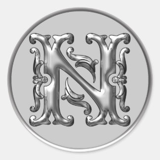 Initial N Round Sticker in silver