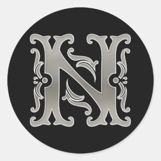Initial N Round Sticker in silver