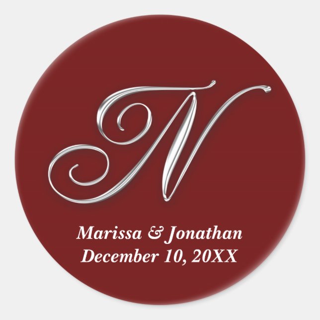 Initial N wine red monogram custom name favour sea Classic Round Sticker (Front)